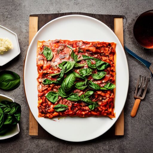 studio photography of a platypus cooking a lasagna with three basil leaves over the lasagna 