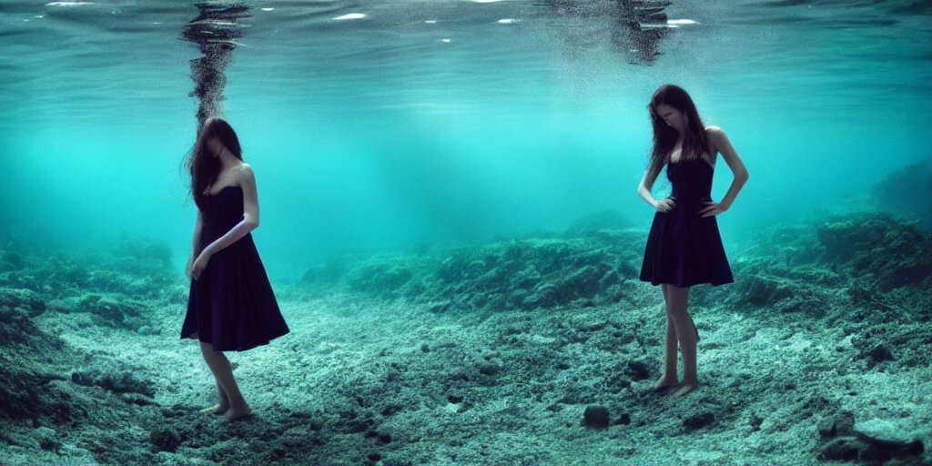 deep underwater photography of beautiful model in flat dress by emmanuel lubezki 