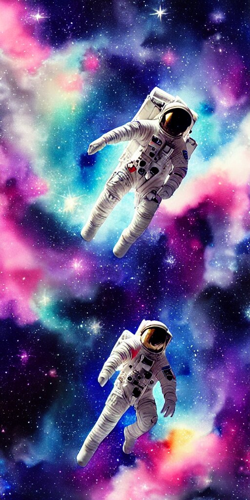 oriental water color of a female astronaut, floating through the void of space, stars are spread out, anime movie, highly detailed 