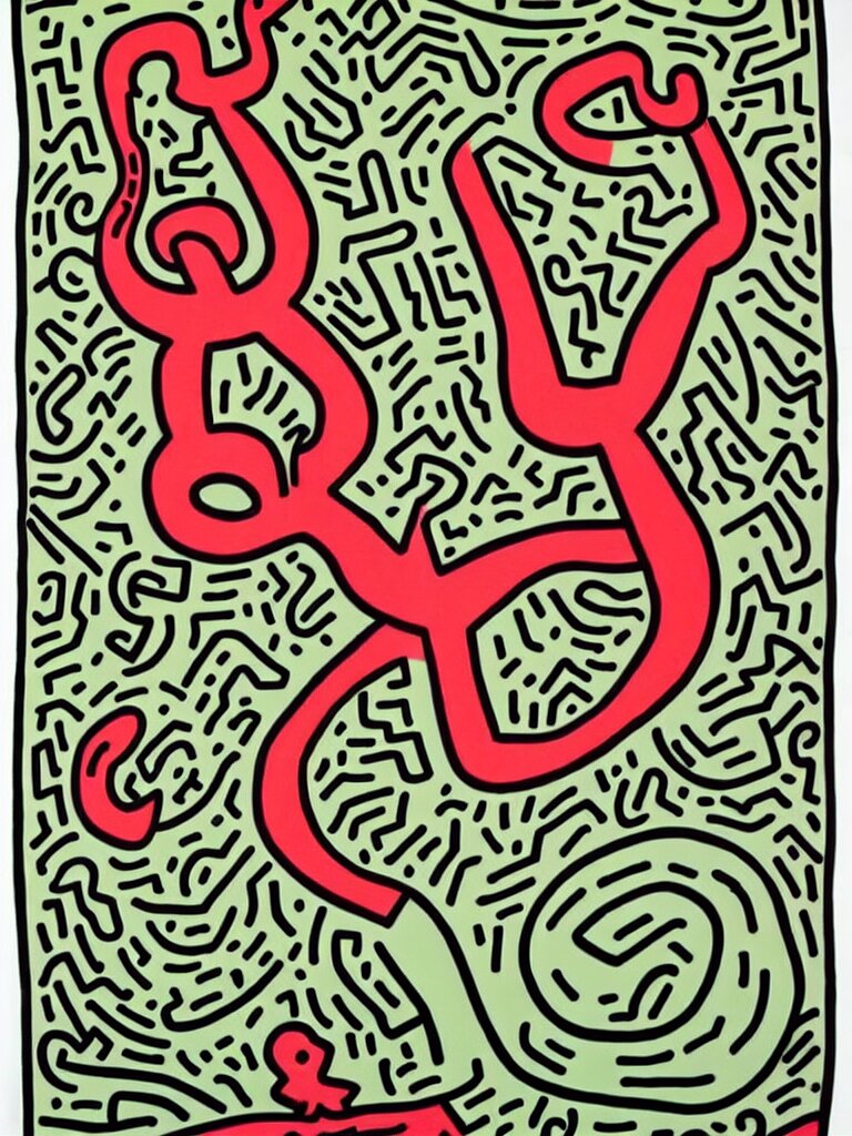 keith haring art of acorn that turns into a tree in the shape of a treble clef, a big rip down the middle, splashes of color, inspirational and powerful 