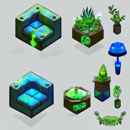 concept art 2 d game asset of furniture with an organic isometric design based on bioluminescent alien - like plants inspired by the avatar's bioluminescent alien nature. around the furniture, we can see plants that glow in the dark. all in isometric perspective and semi - realistic style item is in a black background colorful neons masterpiece 