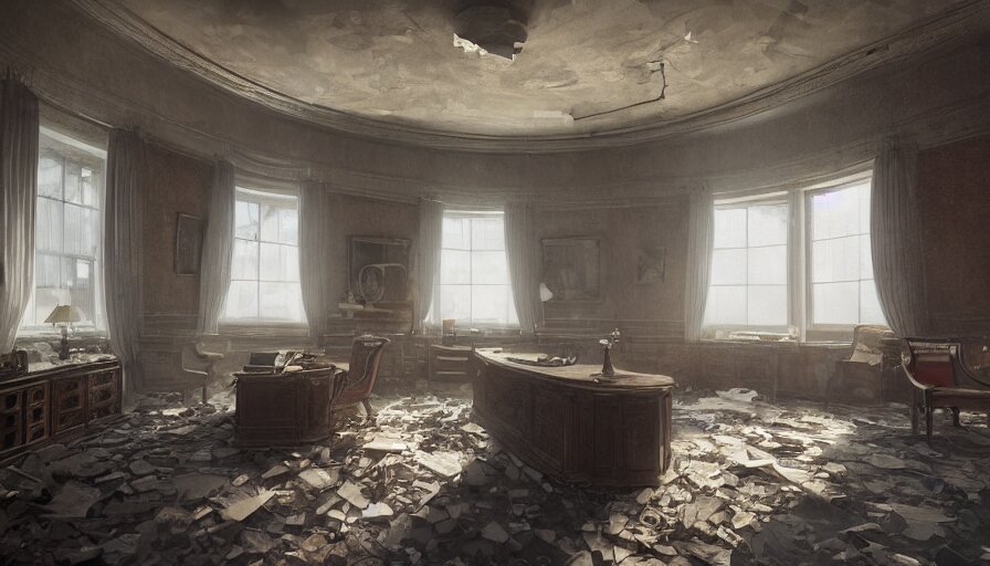 abandoned dusty oval office with lights through broken windows, hyperdetailed, artstation, cgsociety, 8 k 