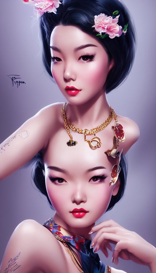 a pin up and beautiful fashion and charming and dreamlke asian girl with lv jewelry, medium shot, art by artgerm & ross tran & wlop, hyperdetailed, 8 k realistic, symmetrical, frostbite 3 engine, cryengine, dof, trending on artstation, digital art 