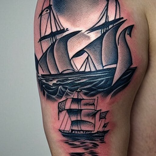 A magical pirate ship tattoo design on white background, hyper realistic shaded tattoo, award winning tattoo