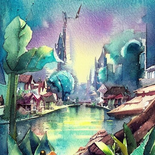 Beautiful happy picturesque charming sci-fi town in harmony with nature. Beautiful light. Water and plants. Nice colour scheme, soft warm colour. Beautiful artistic watercolor by Lurid. (2022)