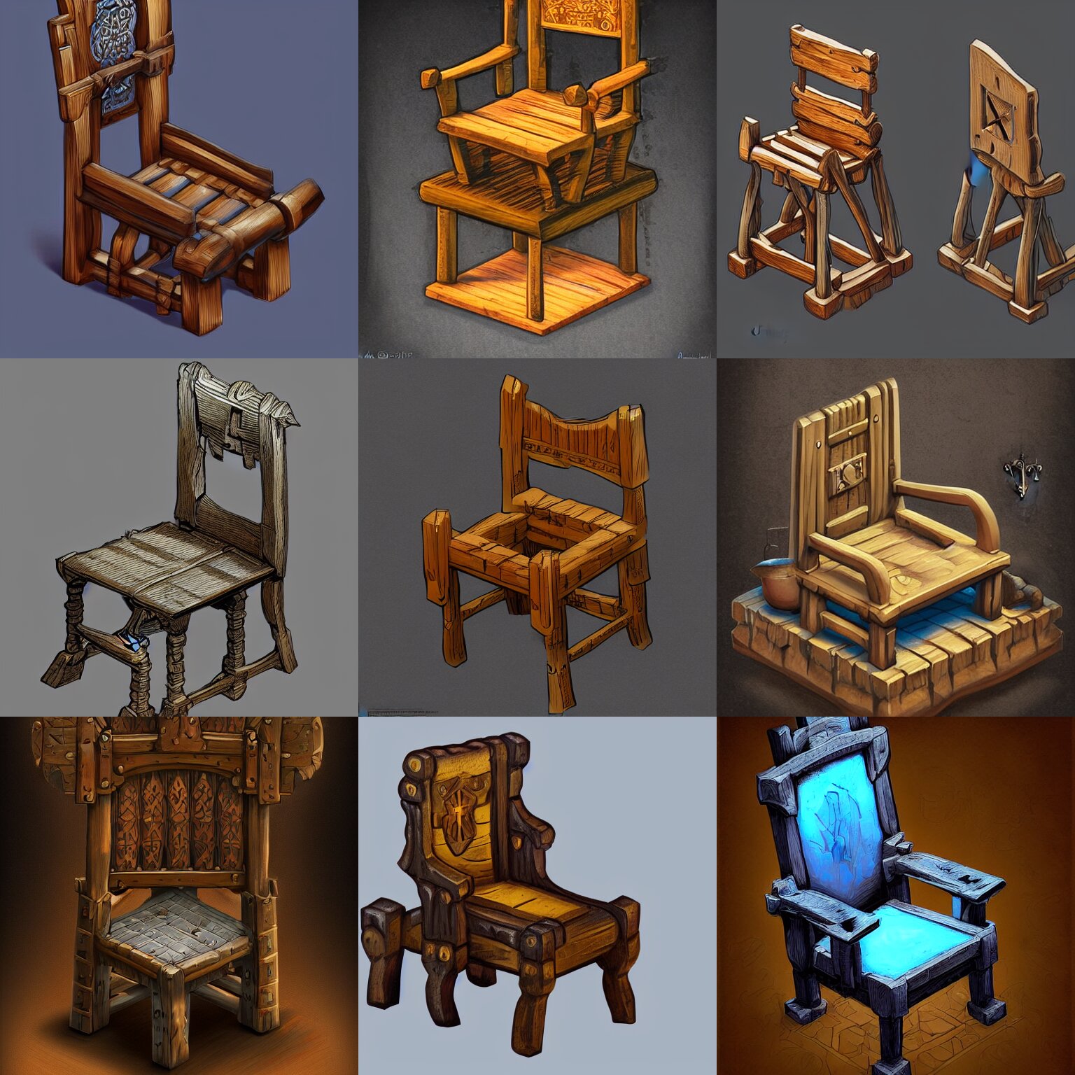 a digital painting of an isometric medieval wooden fantasy chair 