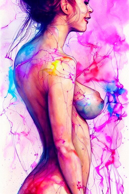 sexy lacivious little smile sophia vergara by agnes cecile enki bilal moebius, intricated details, 3 / 4 back view, hair styled in a bun, bend over posture, full body portrait, extremely luminous bright design, pastel colours, drips, autumn lights 