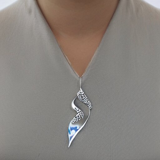 amulet of wave inlaid in silver on a young beautiful woman neck, realistic, 