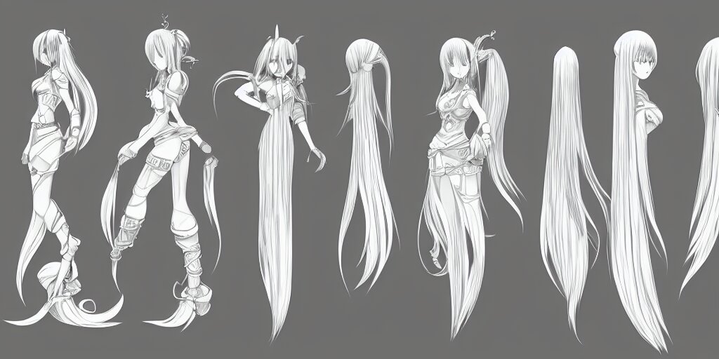 anime woman, long hair, fantasy theme, front side/back/view character sheet, three views, lineart, varying thickness, manga pen, traditional art, Indian ink, in the style of Final Fantasy IX, 3D modeling concept sheet, white background, orthographic view