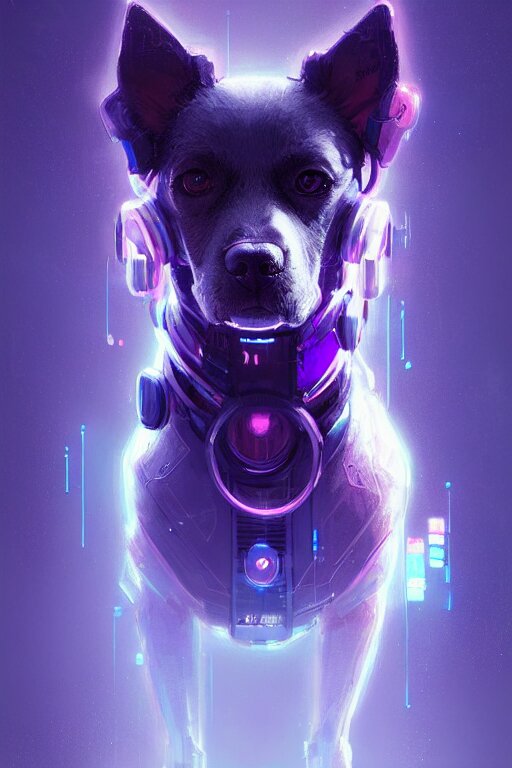 a beautiful portrait of a cute cyberpunk dog by greg rutkowski and wlop, purple blue color scheme, high key lighting, digital art, highly detailed, fine detail, intricate, ornate, complex 