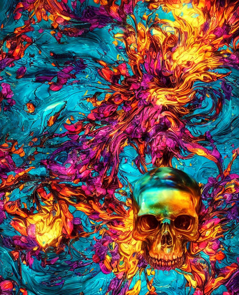 illustration of a colorfull melting human skull. flowers and blossoms, ferrofluids, burning water distortions. intricate abstract. intricate artwork. by tooth wu, wlop, beeple, dan mumford. octane render, trending on artstation, greg rutkowski very coherent symmetrical artwork. cinematic, hyper realism, high detail, octane render, 8 k, depth of field, bokeh. iridescent accents 