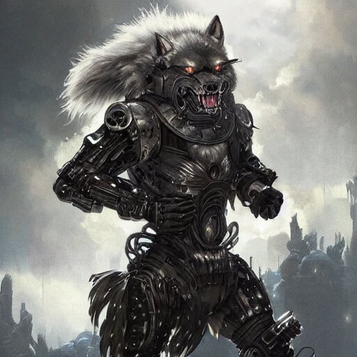 portrait painting of a cybernetic werewolf warrior with white fur and silver fangs wearing black power armor, ultra realistic, concept art, intricate details, eerie, highly detailed, photorealistic, octane render, 8 k, unreal engine. art by artgerm and greg rutkowski and alphonse mucha 