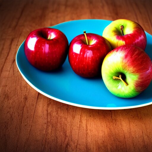 a wide angle side view realistic photo of only 3 apples on a colorful plate, award winning 