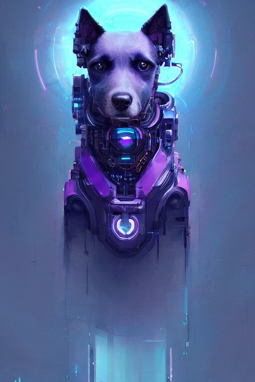 a beautiful portrait of a cute cyberpunk dog by greg rutkowski and wlop, purple blue color scheme, high key lighting, digital art, highly detailed, fine detail, intricate, ornate, complex 