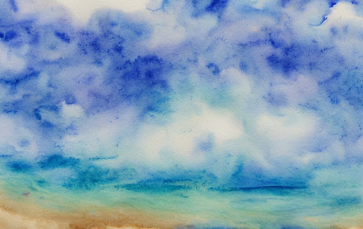 a beautiful watercolor painting of a beautiful ocean with peaceful fluffy clouds in the sky 