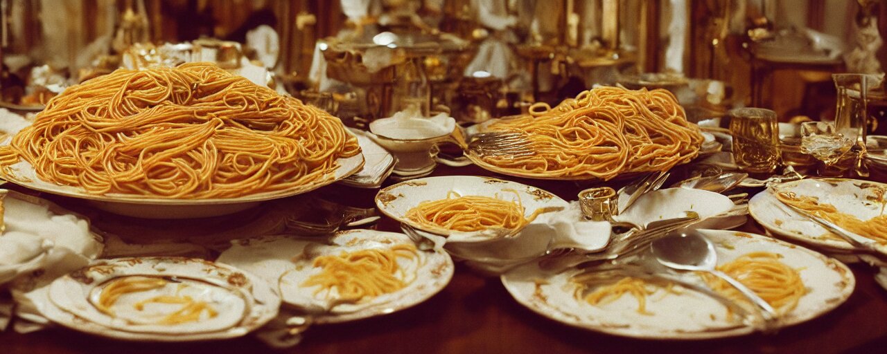 a large bowl of spaghetti, beautifully plated on a full buffet table, small details, intricate, sharply focused, canon 5 0 mm, wes anderson film, kodachrome 