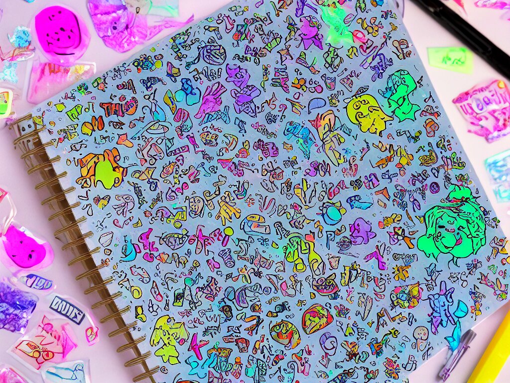 a school notebook covered in doodles, stickers, glitter, and holographic stickers