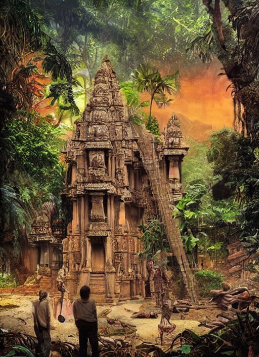 8 k concept art from a hindu temple lost in the jungle by david mattingly and samuel araya and michael whelan and dave mckean and richard corben. realistic matte painting with photorealistic hdr volumetric lighting. composition and layout inspired by gregory crewdson. 