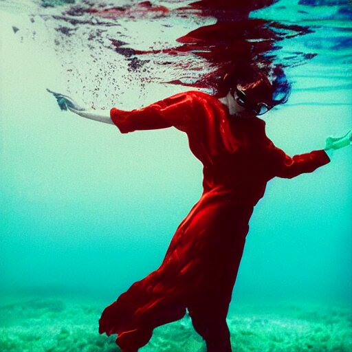 beautiful portrait of fashion model in red silk underwater, 35mm film