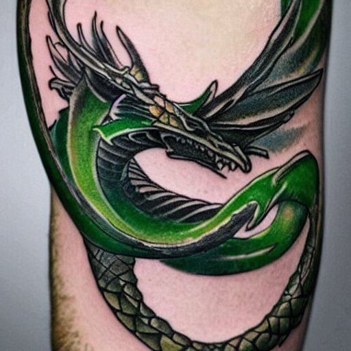 forearm tattoo of a spiraling dragon with a green emerald in its mouth, dark and vibrant forearm tattoo