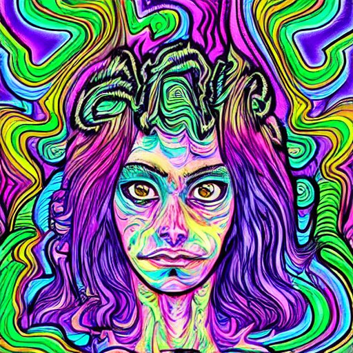 a psychedelic godlike humanoid, hyper detailed, in the style of rutkowski and junji ito and bob ross and lisa frank, selfie 