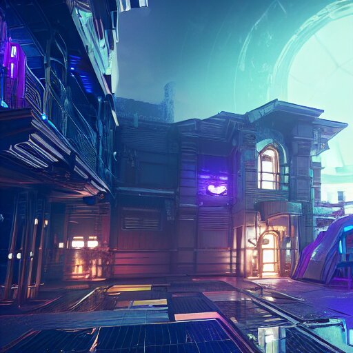 A photograph of a cyberpunk mansion set in a cyberpunk utopia. Highly detailed, 8k wallpaper, HDR, concept art, unreal engine 5, 4k, 8k, ray tracing, bloom, lens flare