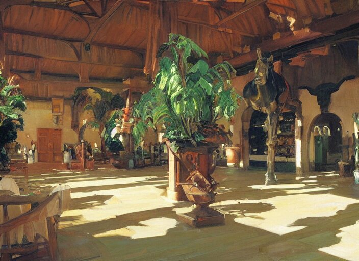 main hall with horse statues, green and brown decorations by studio ghibli painting, by joaquin sorolla rhads leyendecke 