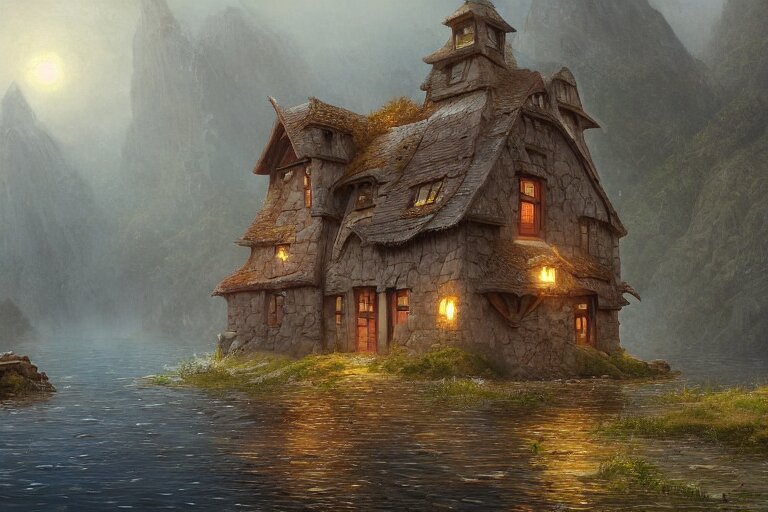 submerged underwater!!!! on the ocean floor, a typical european house with a slate roof, school of fishes, scenic view, matte painting by christophe vacher and hubert robert, trending on artstation 