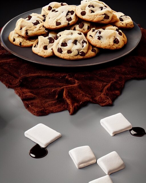 plate full of several freshly baked chocolate chip cookies, delicious, glistening, chocolate sauce, marshmallows, highly detailed, award winning photography octane render 