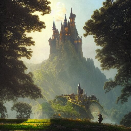 beautiful matte art of a big castle in a serene landscape, a knight riding a dragon, by albert bierstadt, green grass, highly detailed, crystal lighting, mystical, forest, hyperrealistic, 4 k, unreal engine, magical, by joe fenton, by greg rutkowski, by greg tocchini, by kaws, by kate beaton, by kaethe butcher 