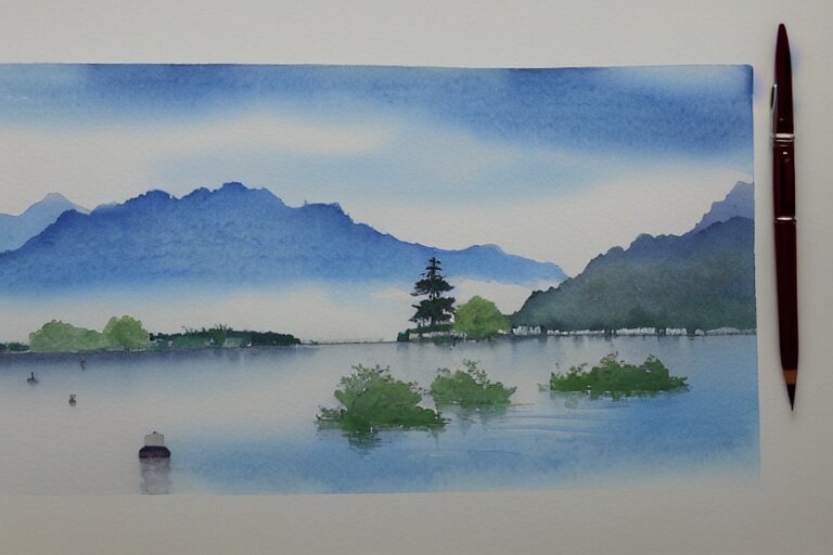 west lake summer watercolor pen light color trending on artstation 