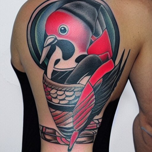 tatoo ink cyber, a swallow with a black beard wearing an athletic bilbao shirt, high detailed 