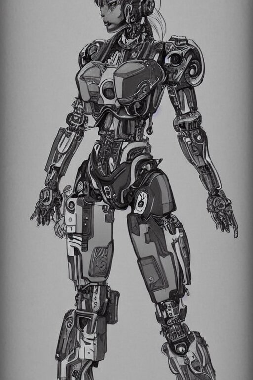 full body illustration female cyborg, highly detailed, sumi - e art, suiboku - ga ink, by kim jisu, pen and ink monochrome, mecha, deviantart, artstation, pinterest 