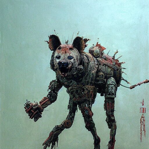 hyena robot, cyberpunk, highly detailed quadrupedal cyborg, beksinski style, very detailed painting 