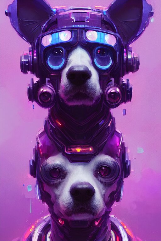 a beautiful portrait of a cute cyberpunk dog by greg rutkowski and wlop, purple blue color scheme, digital art, highly detailed, fine detail, intricate, ornate, complex 