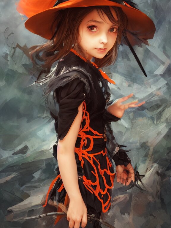 Full shot of a cute mischievous young witch about to get up to some trouble. Latin American fashion. Black and Orange palette. Latina girl. brown skin. By Ruan Jia and Artgerm and Range Murata and WLOP. Key Art. Fantasy Illustration. award winning, Artstation, intricate details, realistic, Hyperdetailed, 8k resolution.