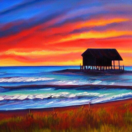 sunset over a wooden cabin on the coast in the distance, sea, oil painting, very detailed, colorful