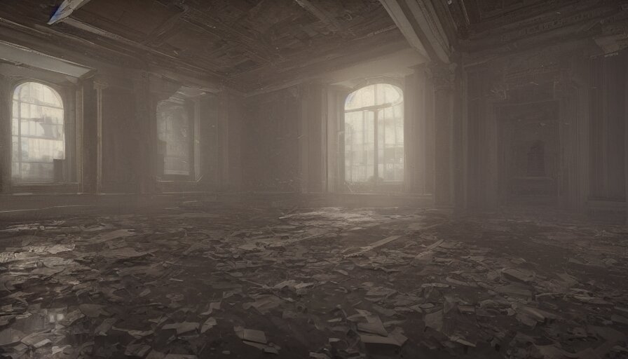 abandoned capitol with cobwebs, dusty dirty floor, collapsed ceiling, flying dust particles, light through, hyperdetailed, artstation, cgsociety, 8 k 