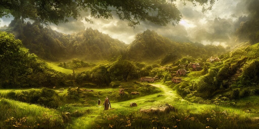 the shire, beautiful scenic landscape, lord of the rings, highly detailed professional digital painting, artstation 