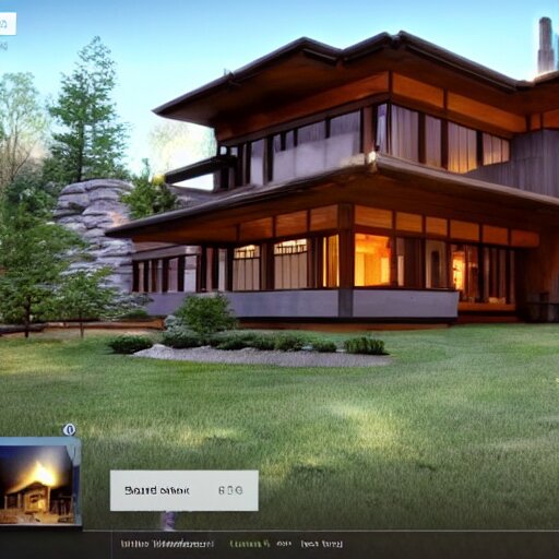 Peaceful wooden mansion, unreal engine 5 tech demo, zillow interior, living room, cozy, Frank Lloyd Wright