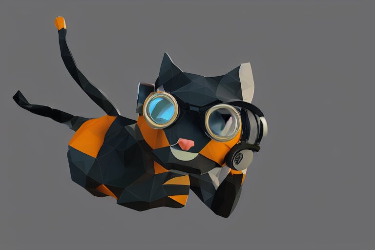 a cat dressed as a scuba diver swimming underwater, low poly, render, blender, low polygon, creepy, vast,