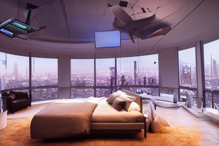 a futuristic sparse bedroom with large curved ceiling high windows looking out to a far future cyberpunk cityscape, flying drones outside, night time, cyberpunk neon lights, raining