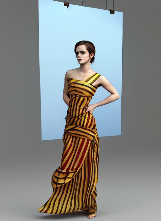 emma watson wearing assamese silk bihu mekhela strapless costume expertly draped maxi style dress by madeleine vionnet, assamese gamosa pattern, face by daz 3 d genesis and artgerm concept art 3 d octane render cinema 4 d v ray, unreal engine, hyper realistic hdr fabric textures, ray traced, bright lit cinematic studio fashion photography, real life like, daz iray shaders 