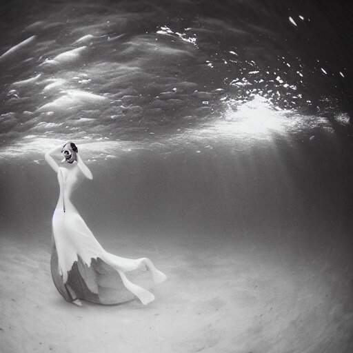 fisheye medium format photograph of a surreal fashion shoot underwater 