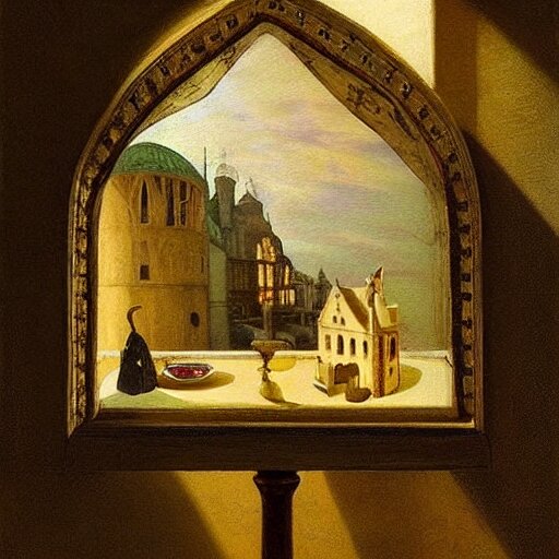 still life painting of a miniature tabletop castle under a glass dome, by paulette tavormina and vermeer, intense pastel colors, hyper realistic, detailed, beautiful bright lighting 