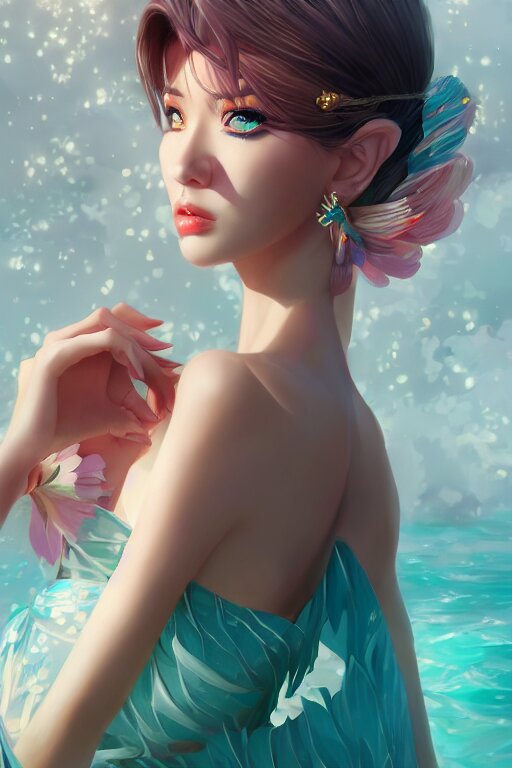 a beautiful fashion goddness of love, chic strapless dress, tropical sea background, character design, in the style of artgerm, and wlop, cinematic lighting, hyperdetailed, 8 k realistic, symmetrical, global illumination, radiant light, frostbite 3 engine, cryengine, dof, trending on artstation, digital art 