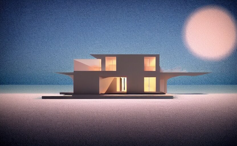 one single stand alone huge hyperdetailed minimalist home, seen from the long distance, at night. by the sea. maximalist unexpected elements. free sky in plain natural warm tones. 8 x 1 6 k hd mixed media 3 d collage in the style of a childrenbook illustration in pastel tones. matte matte background. no frame hd 