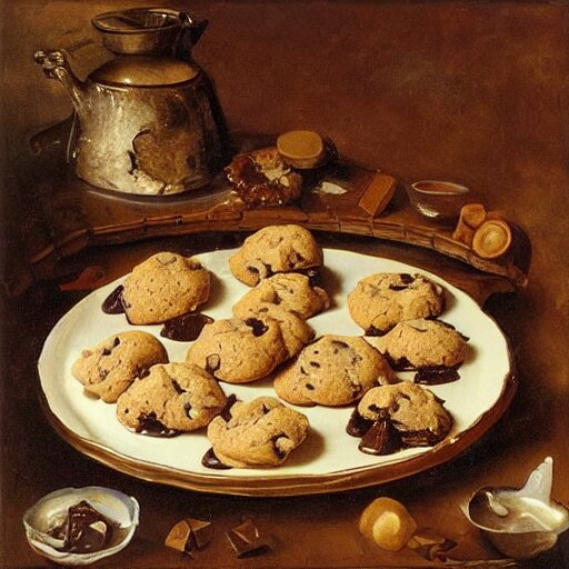 opulent banquet of plates of freshly baked chocolate chip cookies, delicious, glistening, chocolate sauce, marshmallows, highly detailed, food photography, art by rembrandt 