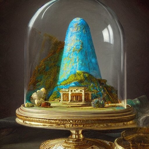 still life painting of a minature tabletop ancient city under a glass dome, by paulette tavormina and clara peeters and willem kalf, cool color - scheme with blues and greens, hyper realistic, super detailed, beautiful lighting 