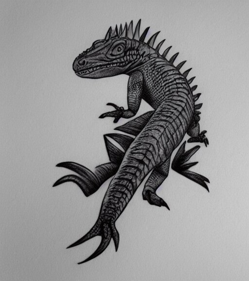 A realistic tattoo design of a giant lizard in the desert on white paper, realism tattoo design, highly detailed tattoo, shaded tattoo, hyper realistic tattoo